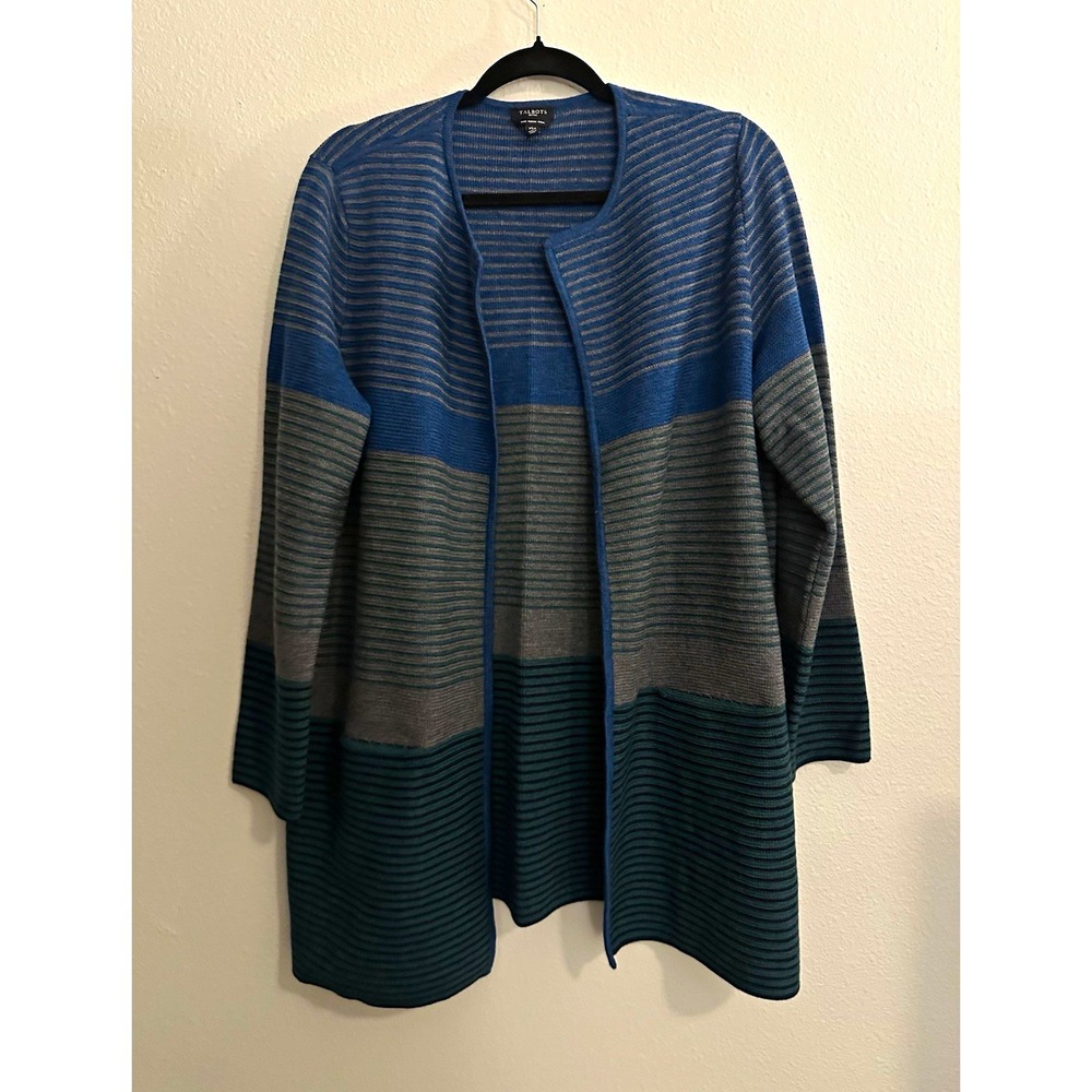Talbots Petites XL Merino Wool Open Front Cardigan Blue Gray Green Striped